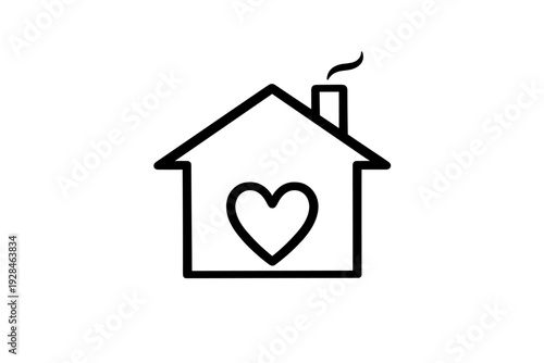 A simple white line art illustration of a house with a chimney and a heart inside. The minimalist design is centered on a black background, symbolizing a loving and cozy home environment.