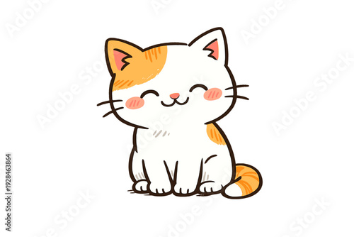 A cute cartoon cat with white and orange fur sits against a black background. The smiling kitten features pink cheeks and closed eyes in a simple hand-drawn illustration style.
