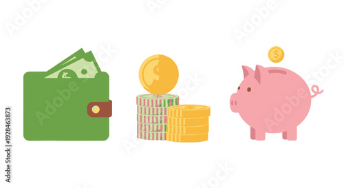 Saving money with wallet piggy bank and coins.