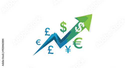 Currency exchange rate graph showing upward trend with various currency symbols.