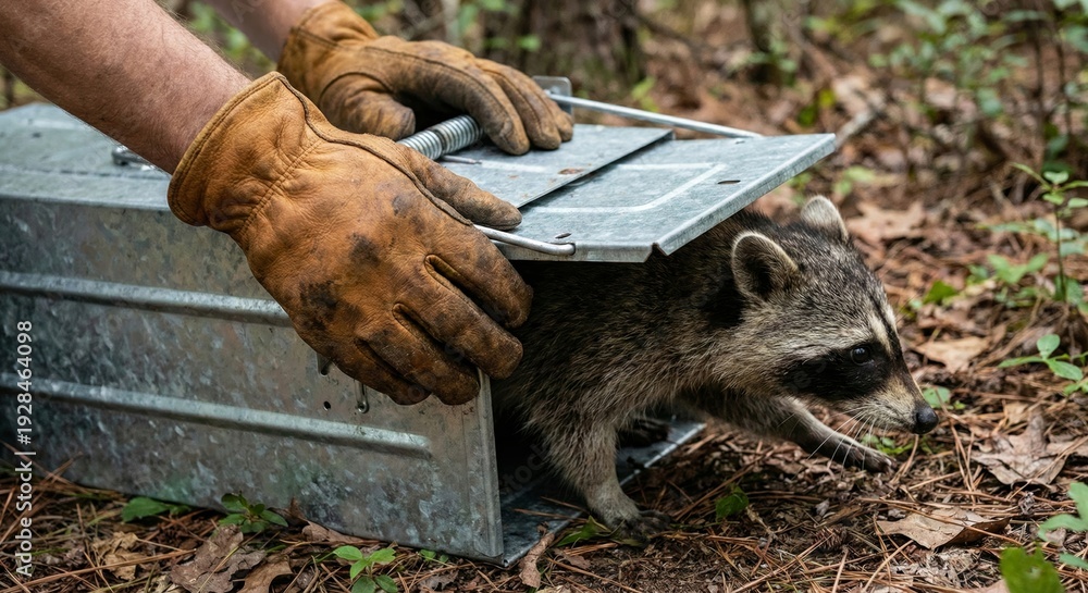 Fototapeta premium Raccoon caught in live trap being handled by person wearing gloves in wooded area for relocation