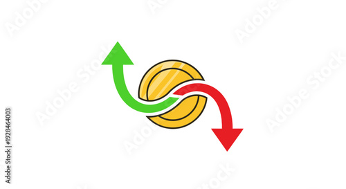 Graphic illustration of a coin with opposing arrows.