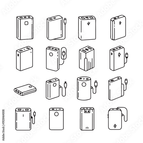 Collection of Portable Power Bank Icons with Cables Various Designs Black and White Line Art