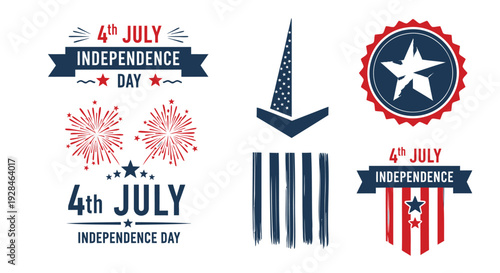 Independence Day icon set. Includes patriotic symbols, fireworks, American flags. Created in flat style with red, white, and blue palette.