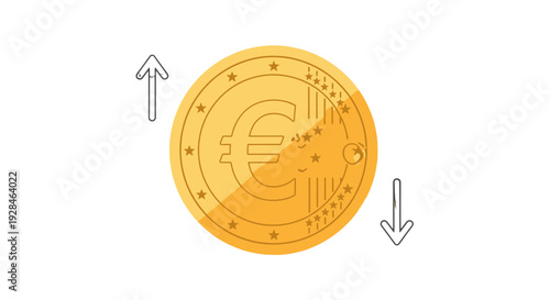 Euro coin with fluctuating value indicated by arrows.