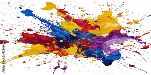 Artistic colorful ink and paint splashes create a vibrant watercolor splatter texture with vector design elements and brush stroke stains on a white paper backdrop illustration
