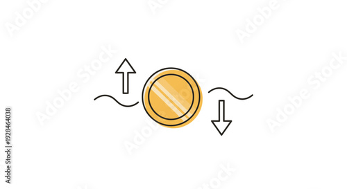 Simple line drawing of a coin flipping in mid-air with arrows.