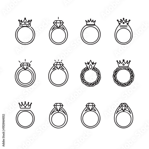 Collection of ring icons with diamonds and crowns simple line art isolated on white