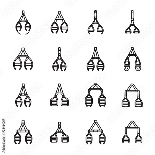 Collection of Robotic Gripper Icons and Industrial Claw Designs in Line Art