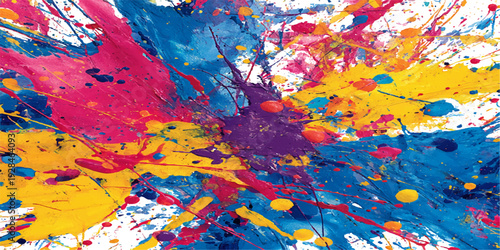 An abstract watercolor painting features a colorful grunge texture on vintage canvas paper with blue and yellow oil paint splashes in a vibrant graffiti design pattern