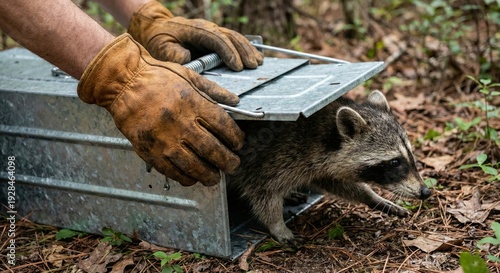 Raccoon caught in live trap being handled by person wearing gloves in wooded area for relocation