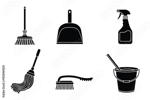 Cleaning Supplies Icons: Broom, Mop, Dustpan, Sprayer, and Bucket