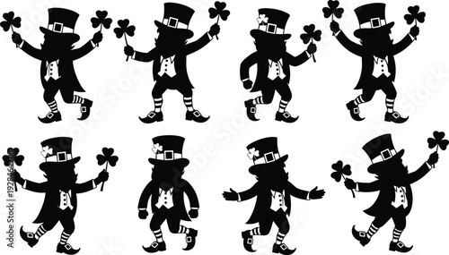 Collection of leprechaun silhouettes, Irish cultural artwork with shamrocks, festive St. Patrick’s Day design, traditional attire illustration, heritage celebration