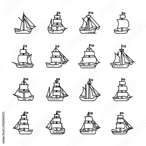 Collection of Sailing Ships in Outline Style Vector Illustration