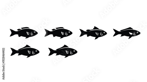 School of black silhouette fish swimming in a straight line with one smaller fish below Vector