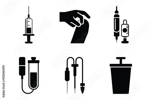 Medical icons: syringe, IV bag, blood sample, cup, injections
