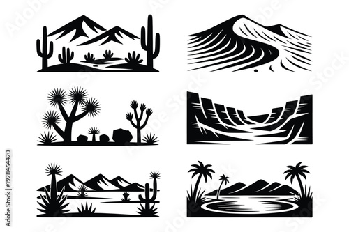 Desert landscape silhouettes with mountains, cacti, and dunes