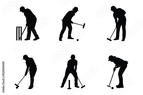 Man playing croquet silhouettes with wickets and mallet