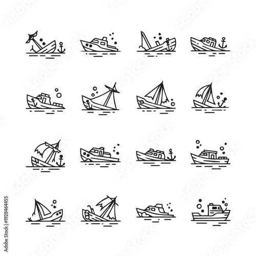 Collection of Shipwreck Icons and Nautical Symbols in Simple Line Art Style