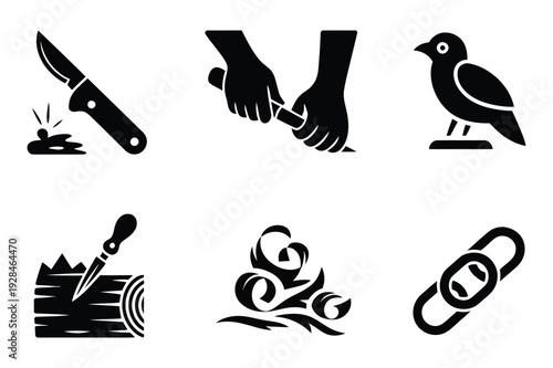 Wood carving, knife, bird, and chain link icons