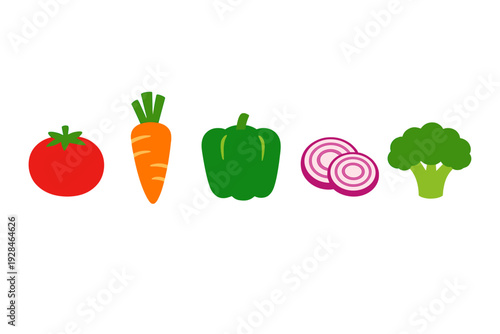 A horizontal row of five colorful vegetable icons including a tomato, carrot, green bell pepper, red onion slices, and broccoli, presented in a flat illustration style on a black background.