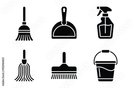 Simple black icons for cleaning tools and supplies