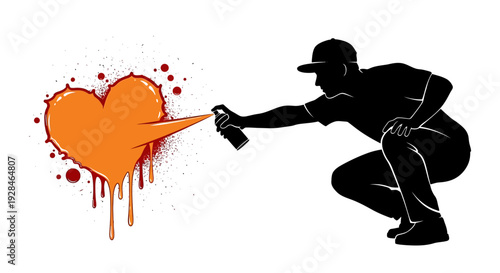 Silhouette of a person spray painting a vibrant orange heart onto a wall