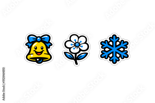 Three colorful cartoon icons featuring a smiling yellow bell with a blue bow, a white flower with blue accents, and a blue snowflake, all set against a solid black background.