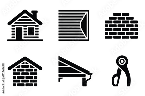 House and brick building icons with tools on white background