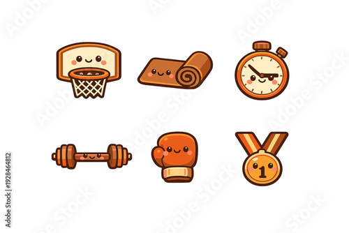 A collection of six cute cartoon sports icons featuring a basketball hoop, yoga mat, stopwatch, barbell, boxing glove, and a first-place medal with smiling faces on a black background.