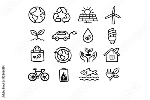A collection of sixteen hand-drawn ecology and sustainability icons on a black background, featuring symbols for renewable energy, recycling, green living, and environmental protection.