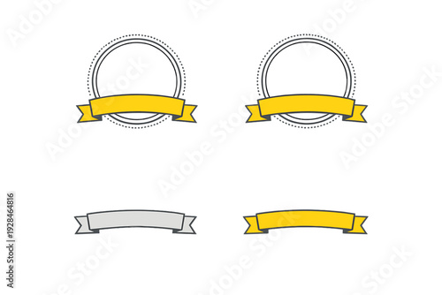 This set includes two circular white badges with yellow ribbons and two separate curved banners in silver and yellow, all presented on a dark black background for a modern look.