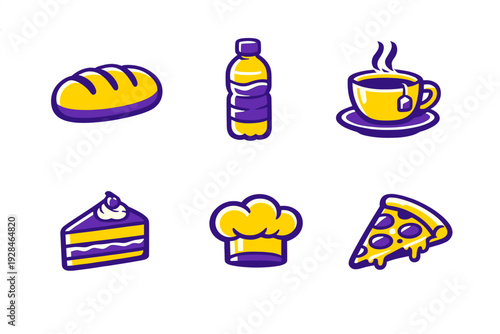 This set of six stylized food icons includes a loaf of bread, a water bottle, a steaming cup of tea, a slice of cake, a chef hat, and a pizza slice in purple and yellow colors.