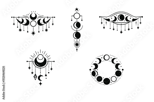 A collection of five celestial designs featuring moon phases, stars, and sun motifs in a minimalist black and white style. These mystical symbols are arranged in various geometric patterns.