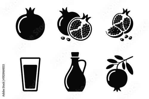 Pomegranate icons with juice and oil bottle on white