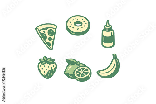 A collection of six stylized food icons including a pizza slice, donut, condiment bottle, strawberry, lemon, and banana, presented in a green and cream color palette on a black background.