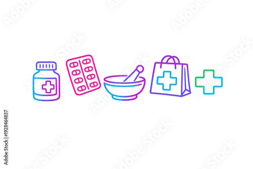 A collection of neon-style medical icons including a medicine bottle, pill blister pack, mortar and pestle, and a pharmacy shopping bag, all set against a solid black background.