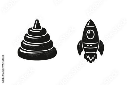 Two minimalist black and white icons featuring a tiered conical stack and a stylized rocket ship with a circular window and exhaust flames, set against a solid black background.