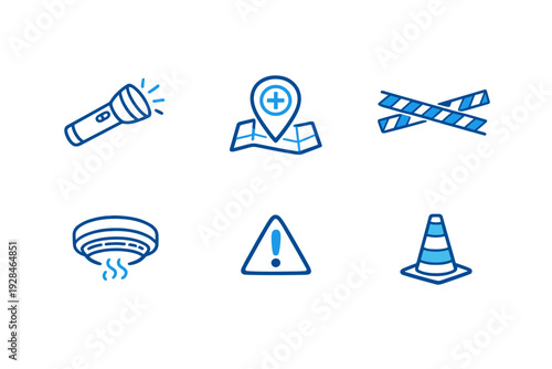 A set of six blue emergency and safety icons including a flashlight, medical map location, caution tape, smoke detector, warning triangle, and a traffic cone on a dark background.
