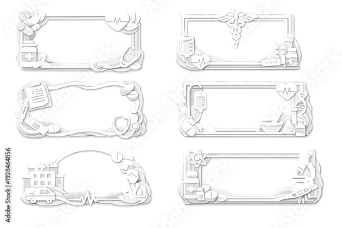 A collection of six white paper-cut style medical frames featuring various healthcare icons like stethoscopes, medicine bottles, and hospital buildings on a black background.