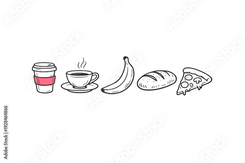 A minimalist line art illustration featuring a row of food and drink icons including a coffee cup, a steaming mug, a banana, a loaf of bread, and a slice of pizza on a black background.