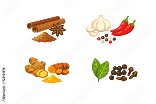A collection of four stylized spice illustrations featuring cinnamon, star anise, garlic, chili peppers, ginger, turmeric, bay leaves, and cloves on a solid black background.