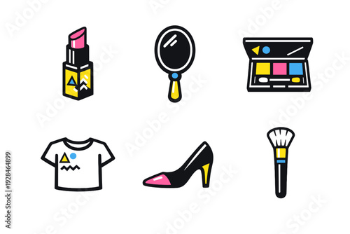 This set features six stylized fashion and beauty icons including lipstick, a hand mirror, an eyeshadow palette, a t-shirt, a high heel shoe, and a makeup brush on a black background.