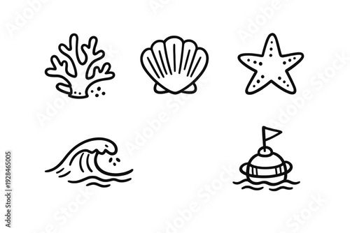 A collection of five hand-drawn nautical line art icons featuring coral, a seashell, a starfish, an ocean wave, and a buoy with a flag, presented in a minimalist doodle style.