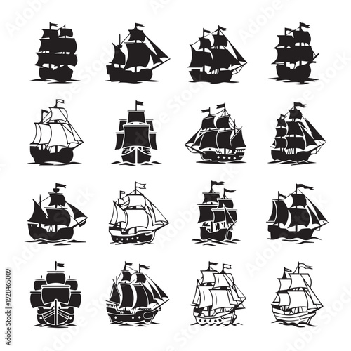 Collection of Silhouette Sailing Ships Vintage Nautical Vessels Maritime Transportation Vector Graphics