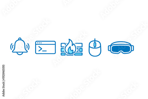 A set of five blue technology icons including a ringing bell, a command prompt window, a firewall, a computer mouse, and a virtual reality headset on a black background.