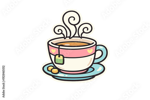 A cute sticker illustration of a steaming cup of tea on a saucer with two sugar cubes. The pink and white teacup features yellow hearts and a green tea bag tag hanging from the side.