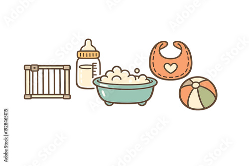 A collection of baby care items including a crib, a feeding bottle, a bathtub filled with bubbles, a bib with a heart, and a colorful ball, all presented in a flat vector style.
