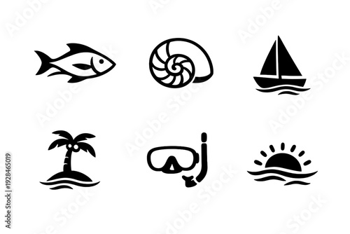 A collection of six black line art icons representing summer and ocean themes, including a fish, seashell, sailboat, palm tree island, snorkel mask, and a sunset over waves.