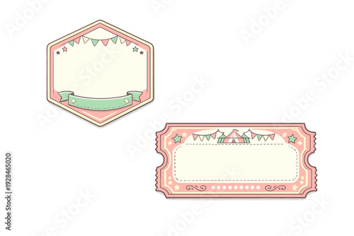 A set of two vintage-style carnival frames in pastel pink and green. The designs include decorative bunting, stars, and a circus tent, providing empty space for custom text.
